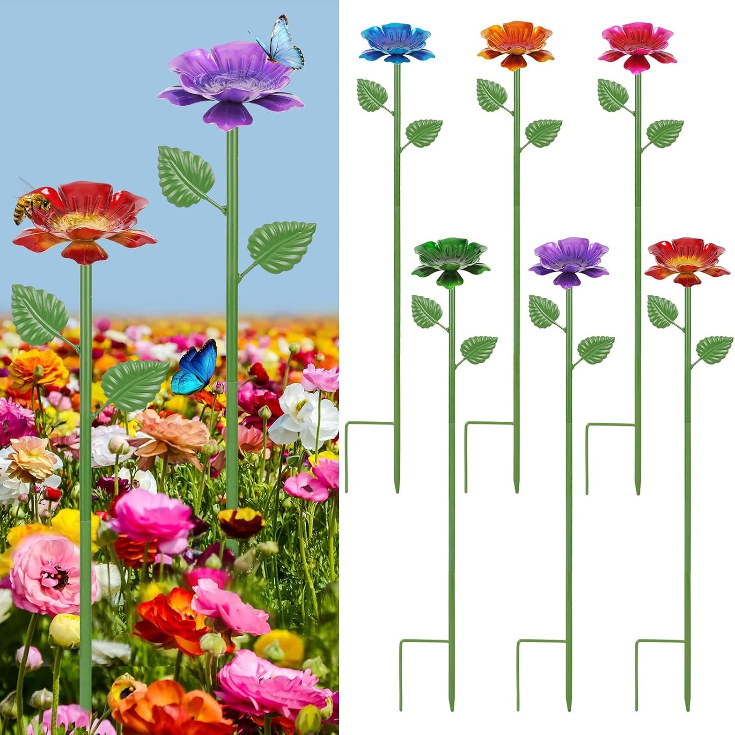 6 Pack Bee Watering Station - Flowers Butterfly Feeder, Bee Water Feeders for Outside, Metal Garden Decor, Bee Baths for Garden Yard Patio