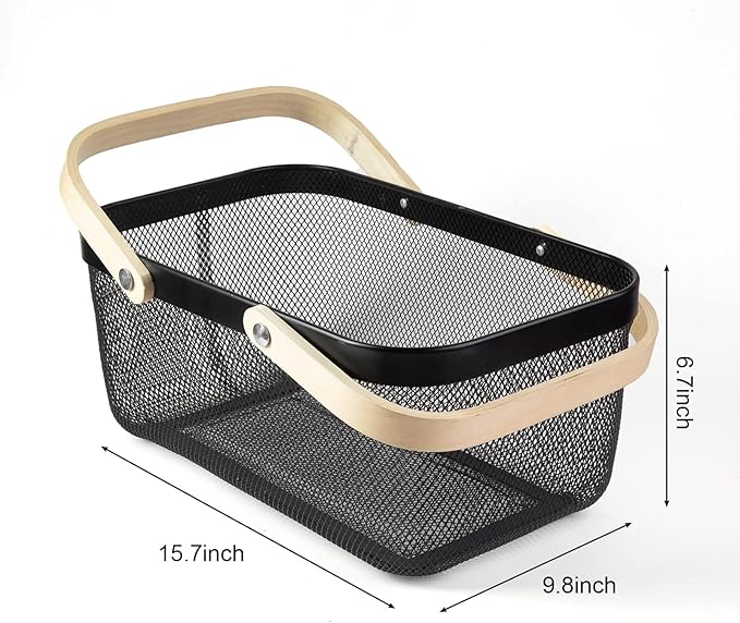 Portable Garden Harvest Basket-Mesh Design Natural Bamboo Handle Wire Storage Baskets,Mesh Basket with Handle Organize Items Reduce Space Occupation,Suitable for Kitchen,Garden,Picnic(Black)