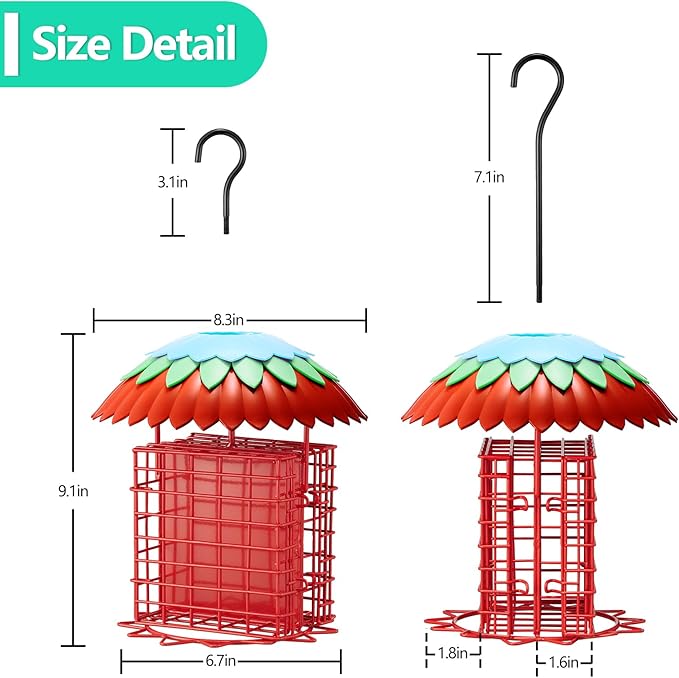 Suet Feeder Double with Weather Guard & Ant Moat, Skaithee Bird Feeders for Outdoors Hanging with 2 Holders Keep Cakes Clean & Fresh Attracts Wild Birds Great for Woodpecker & Clinging Birds, Red