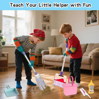 Kids Cleaning Toy Set - Pretend Play Cleaning Tools with Mop, Broom, Bucket & Spray Bottle - STEM House Role Play Toys for Girls & Boys 3-5 Years