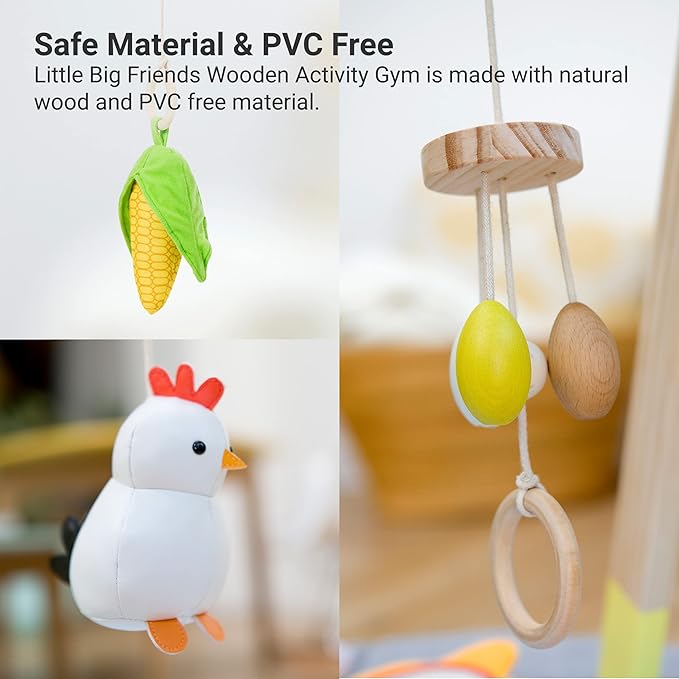 Little Big Friends Wooden Baby Activity Gym – Montessori Play Gym for Babies | Encourages Motor Skills & Sensory Development | Includes Crinkle Fabrics, Wooden Chimes & Hanging Toys – Farm