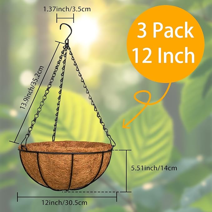 ZeeDix 3 Pack 12 Inch Metal Round Hanging Planter Basket with Coconut Liners Replacement, Hanging planters Baskets with Natural Coco Liner for Outdoor Indoor Planters Flowers Vegetables