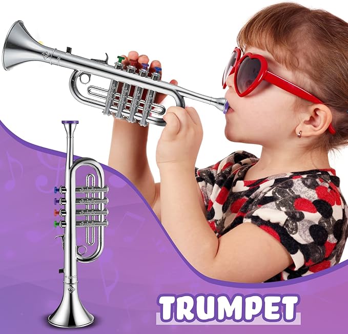 Amylove Set of 2 Toy Trumpet and Clarinet for Kids Toddlers Plastic Instruments Fake Music Toy Portable Early Educational Toys Teaching Songs Musical Gifts(Silver)
