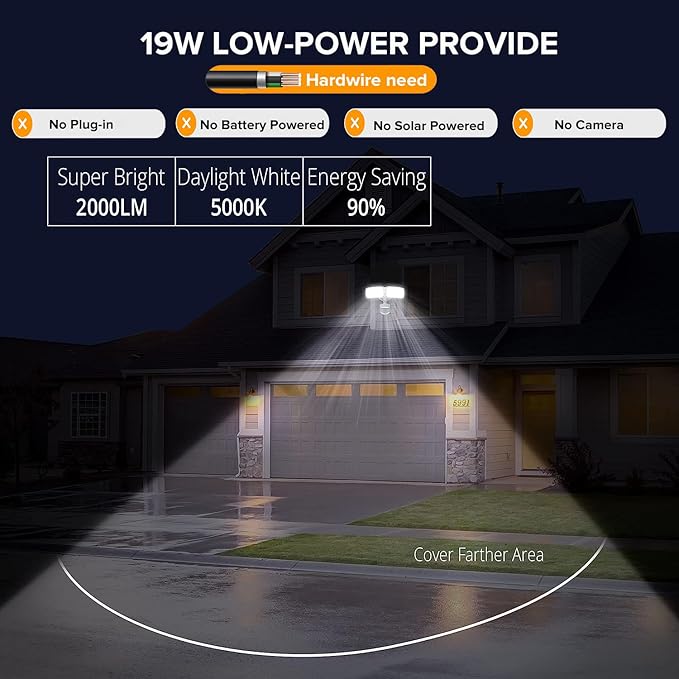 UME 19W LED Security Lights Motion Sensor Light Outdoor, 2000LM Motion Flood Light, 5000K, IP65 Waterproof, 2 Adjustable Head Motion Detector Security Light for Exterior,Outside,Garage,Yard(White)