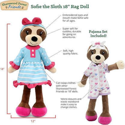Plushible Soft Baby Doll, 18 Inch Sloth - Plush Rag Doll with 2 Clothing Sets, My First Plush Toy for Girls, Boys & Infants, Soft Baby Stuffed Toy, Adorable Companion for 1 Year Old & Up