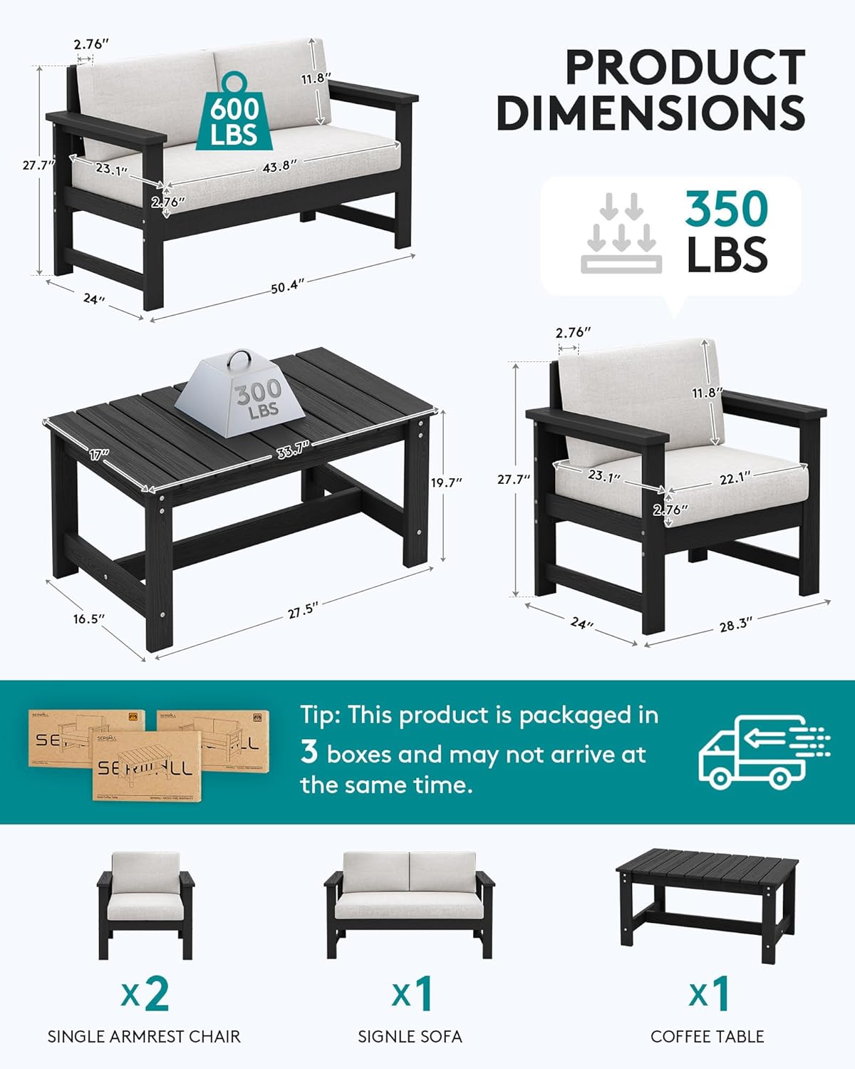 SERWALL 4-Piece Outdoor Patio Sofa Set, HDPE All-Weather Loveseat Sofa with Cushions & Coffee Table, Black Frame & Khaki Cushions