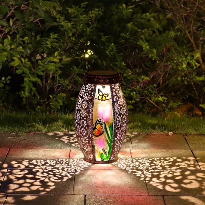 Outdoor Solar Lantern-Waterproof Butterfly Hanging Metal Decorative Lights for Patio Table Garden Pathway Yard with Super Bright Warm White LED, Large Solar Panels, Auto On/Off Light