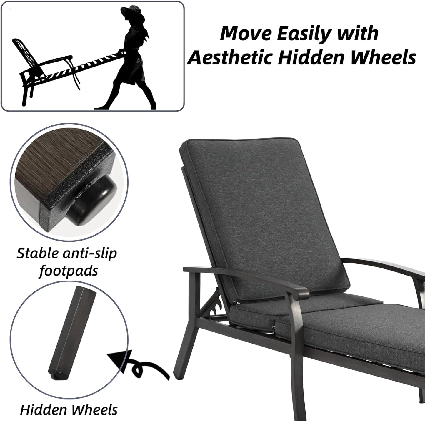 Outdoor Chaise Lounge with 5-Level Adjustable Backrest, Durable Aluminum Patio Chair with Waterproof Cushion & Wheels for Garden, Poolside, Grey