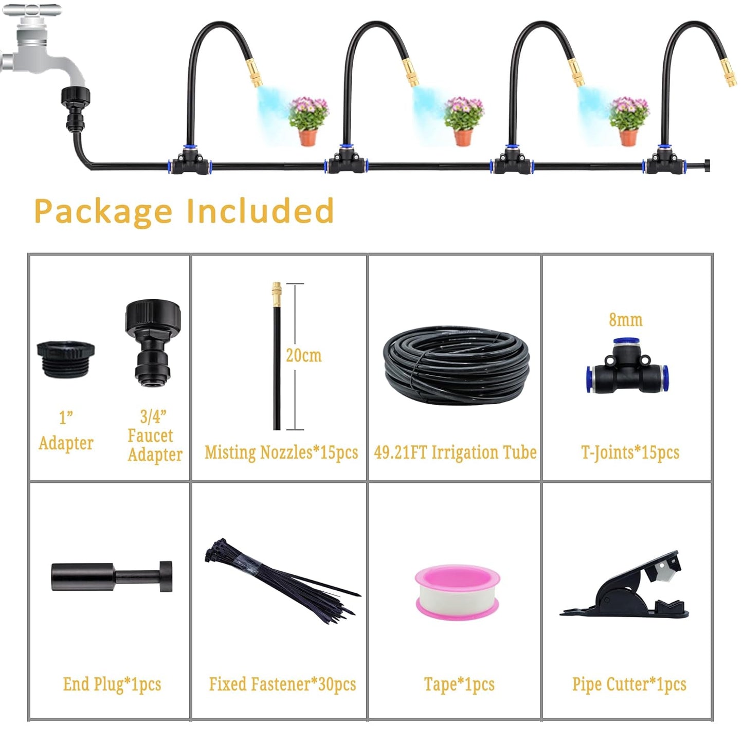 360°Bendable Automatic Irrigation System, 49.21Ft Adjustable Garden Watering Misting System for Outdoor Cooling System, Greenhouse, Yard, Lawn, Plant, Water Mister Nozzles Thread Sprayer 0.043"