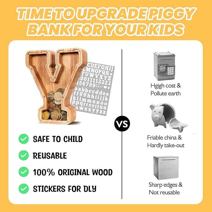 KMC Wooden Letter Piggy Bank, Personalized Initial Piggy Bank for Kids Boys, Clear Alphabet Y Wood Money Box, Unbreakable Coin Saving Jar, Birthday, for Children