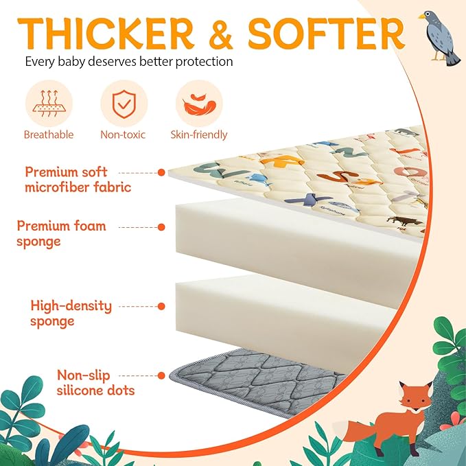 Baby Play Mats for Floor - 65”x50” Playmat for Babies - Foldable Soft Foam Mat for Toddlers - Machine Washable & Non-Slip Thick Play Mat for Picnic Portable - Animals Alphabet Design