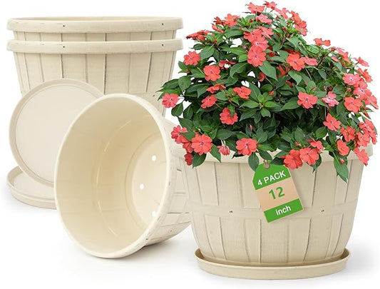 Quarut 12 Inch Large Planter Pot for Plants Indoor Outdoor, 4 Pack Plastic Flower Pots with Drainage Hole & Tray, Modern Decorative Garden Pot with Saucer, Plant Container for House（Beige）