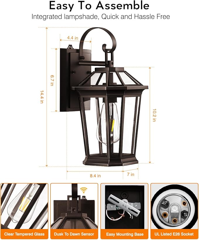 VIANIS 2-Pack Oil Rubbed Bronze Outdoor Lights Wall Mount, Dusk to Dawn Wall Lights for House Outside, Aluminium Modern Porch Lights Sconce, Exterior Wall Lantern Fixture with Waterproof, Anti-Rust