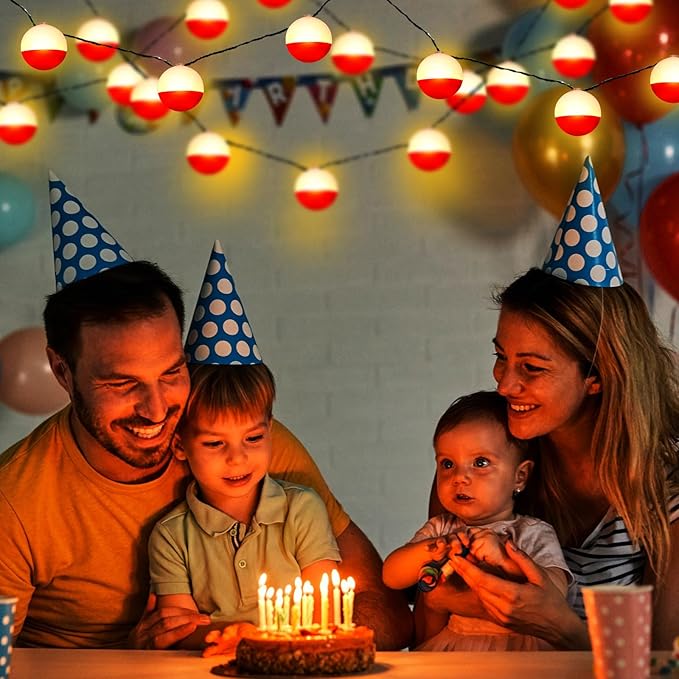 Deekin 1 Pcs LED Fishing Birthday Decorations Bobbers String Lights Battery Powered Ofishally One Theme Decor with Extra Bulbs for Gone Fishing Birthday Party Supplies Pole Party Favors