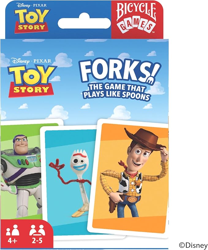 Bicycle Disney Games Bundle: 3 in 1 Mickey Card Games, 3 in 1 Pixar Card Games, and Disney Pixar Forks: Plays Like Spoons, Includes 7 Different Games