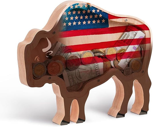 Wooden Bison Piggy Banks for Kids Money Coin Bank, Cute Unbreakable Piggy Bank Kids Safe Money Box, Toddler Birthday Baptism Gifts for Girls Boys Bull Cow Lovers