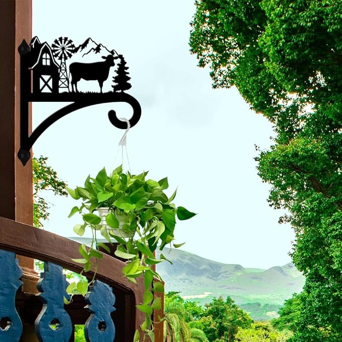 peacoblue Iron Plant Hangers Hooks for Outdoor Indoor Hanging Plants Flower Fern Pots Lantern Bird Feeder,11.8"x13.6" Weather Resistant Metal Wall Holder for Porch Garden Farmhouse(Farm Cow)