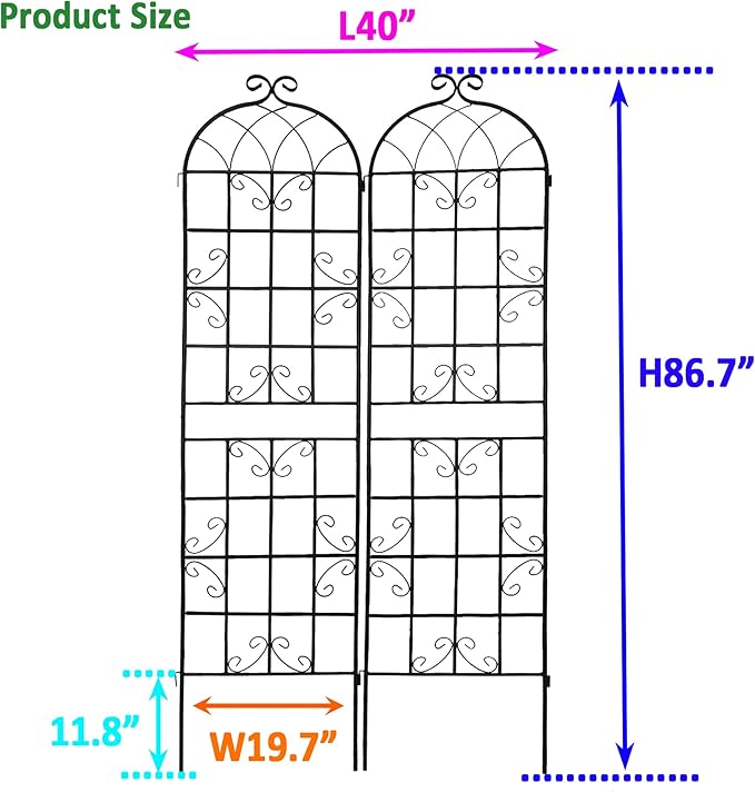 2 Pack Metal Garden Trellis 86.7" H Garden Fence Rustproof Trellis for Climbing Plants Support Roses Flower Outdoor Lawn, Black 7.2 FT Tall