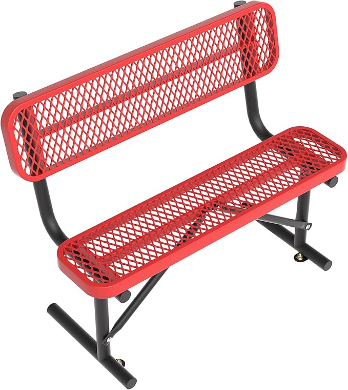 Heavy Duty Park Bench with Back Portable Frame, Outdoor Steel Bench with Backrest, Outdoor Park Bench Expanded Metal Mesh Bench for Lawn, Park, Deck, Garden, Patio, Porch, Black (Red, 4FT)