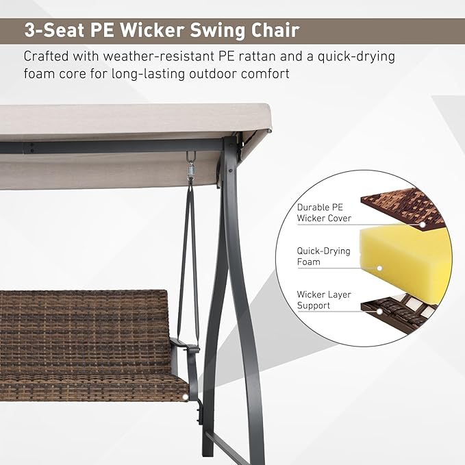 BPS 3 Seat Outdoor Porch Swing with Adjustable Canopy, PE Wicker Patio Swing Chair with Quick-Drying Foam Seat, 882 LBS Capacity, Proch Swings for Deck, Backyard, and Lawn, Khaki