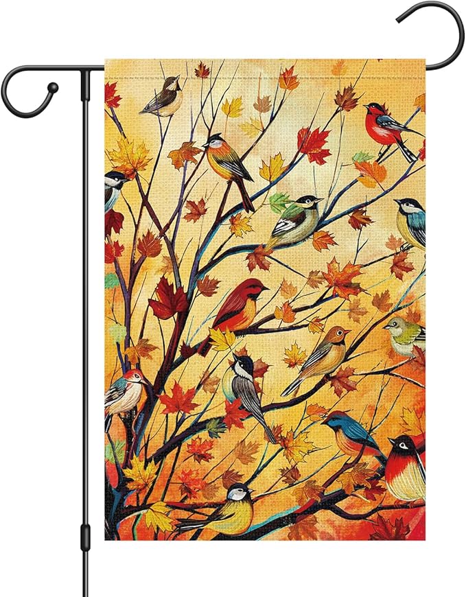 Louise Maelys Welcome Fall Garden Flag 12x18 Double Sided, Small Burlap Autumn Maple Tree Birds Thanksgiving Outside Outdoor House Yard Decor