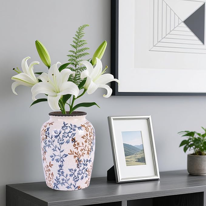 Vintage Vase for Flowers,Blue Chinoiserie Ceramic Vase,Rustic Farmhouse Cracked Vases,for Flower Arrangement,Living Room, Office, Shelf, Fireplace Tables,Centerpieces,Chinoiserie Pottery Decor(C)