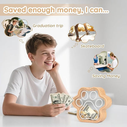 KMC Wooden Cat Caw Piggy Bank, Dog Paw Money Box for Boy Clear Piggy Bank for Girl Small Initial Coin Bank Personalized Gift for Birthday and Festival(Natural)