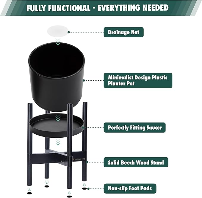 D'vine Dev Planter Pot with Stand - 12 Inch Plastic Cylinder Flower Pot with Wood Planter Holder for Indoor, Matte Black Pot + Ebony Stand, 55-C-Q-2