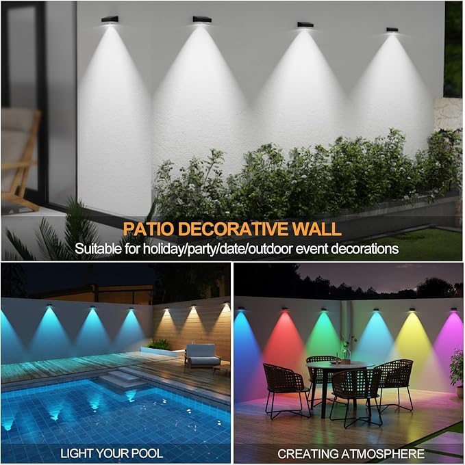 Solar Fence Lights,Fence Lights Solar Powered Waterproof IP65 Multicolor Led 12 Fixed Colors ＆RGB Color Changing for Pool, Deck, Patio, Porch, Stairs, Holiday(4)