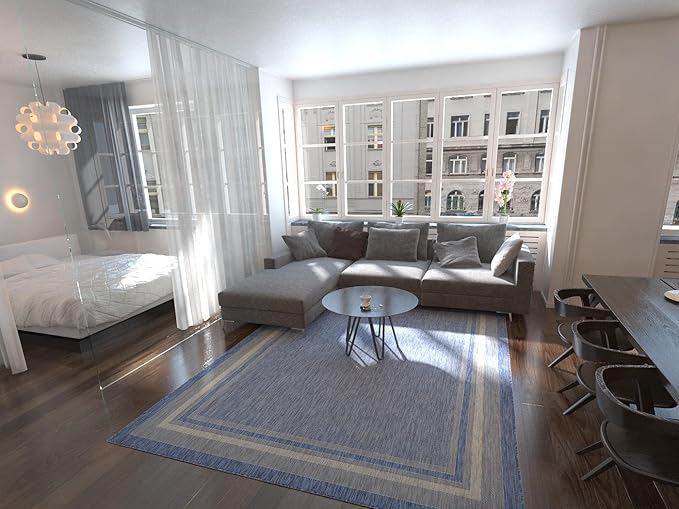 Unique Loom Outdoor Border Collection Area Rug - Soft Border (8' x 11' 4" Rectangle, Blue/ Ivory)