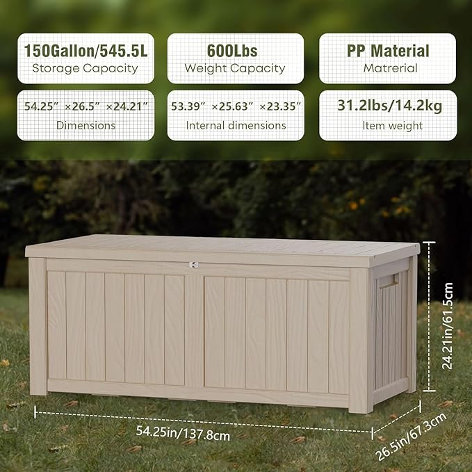 Heavy-Duty 150 Gallon Waterproof Deck Storage Boxes for Outdoor - Patio Deck Box & Pool Storage Organizer, Lockable Resin Chest for Cushions & Tools, UV-Resistant, Slate Grey