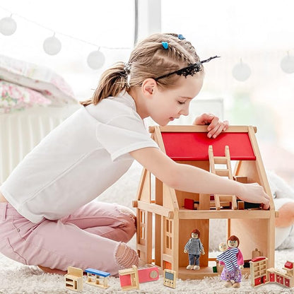 Sumind Wooden Doll House Furniture and Accessories Set With 27 Pieces Furniture, 8 Family Figures for Dollhouse Family Set