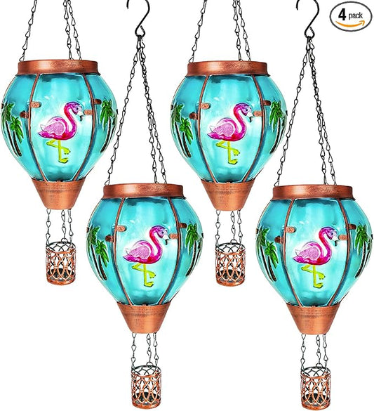 4 Pack Solar Hot Air Balloon Lantern with Flame， Flamingo Glass Solar Outdoor Lights Decorative for Outdoor Patio Garden Decor, Flamingo Gifts for Women Grandma Mom - Flamingo