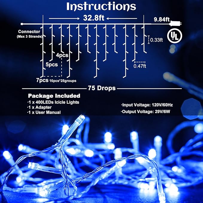 Icicle lights Outdoor - 33ft Christmas Lights with 400LED 75 Drops 8 Modes, Plug in Curtain String Lights Waterproof for Holiday Wedding Party Home Garden Bedroom Indoor Outdoor Decoration, Blue