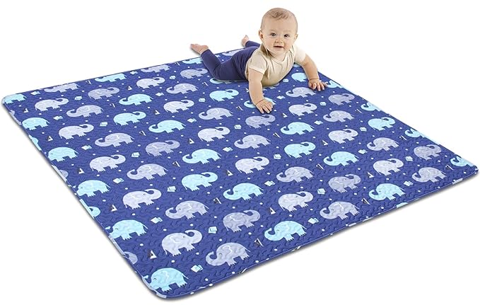 Baby Floor Play Mat Foldable Crawling Mat, 50x50 Play Mat for Playpen, Washable Non Slip One-Piece Playmats Portable, Cushioned Baby Tummy Time Mats for Infants and Toddlers (Blue Elephant)