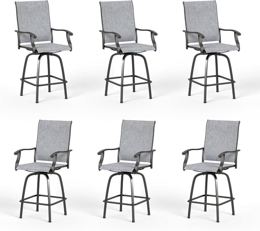 PHI VILLA Outdoor Swivel Patio Bar Stools Set of 6, 30 Inch Bar Height Tall Patio Chairs with Back & Armrest, Durable Textilene Fabric in Grey for Deck Lawn Garden