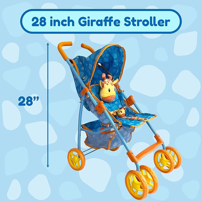 Baby Doll Stroller for Toddlers 3-10, Pillow Animal Toy Baby Stoller for Dolls, Blue Folding Baby Toy Stroller for Dolls, Foldable Stroller for Girls, for Bigger Kids (Giraffe)