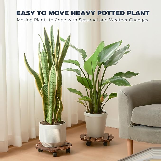 Bamworld Plant Stand with Wheels Plant Caddy Outdoor 4 Pack 12in Rolling Planter Caddy with Swiveling and Lockable Caster for Indoor Patio Plant Dolly Wood Wheeled Mobile Roller