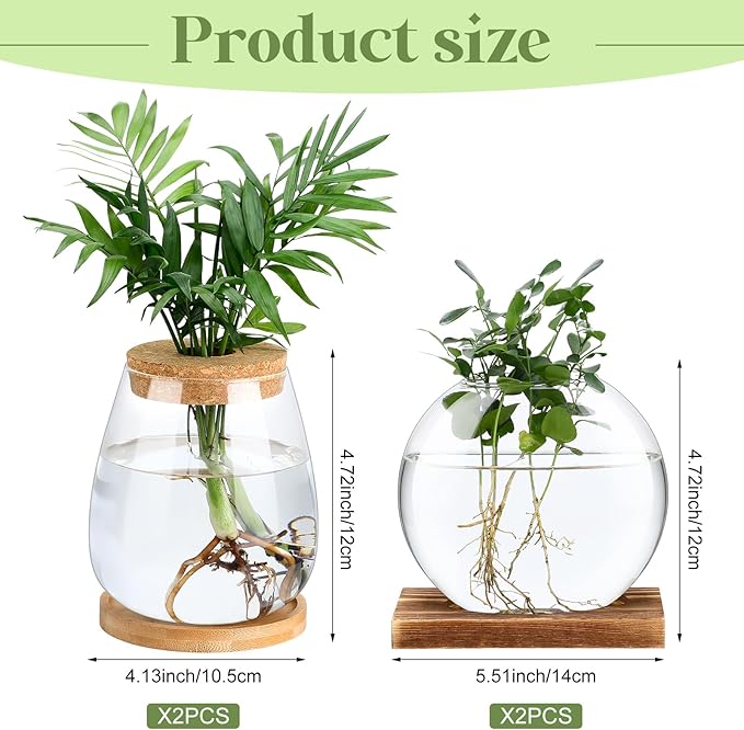 Layhit 4 Pcs Plants Propagation Stations Separated Desktop Plant Terrarium Glass Planter Vase with Wooden Lid and Bamboo Stand for Growing Hydroponic Home Office Tabletop Decoration (Cute Style)