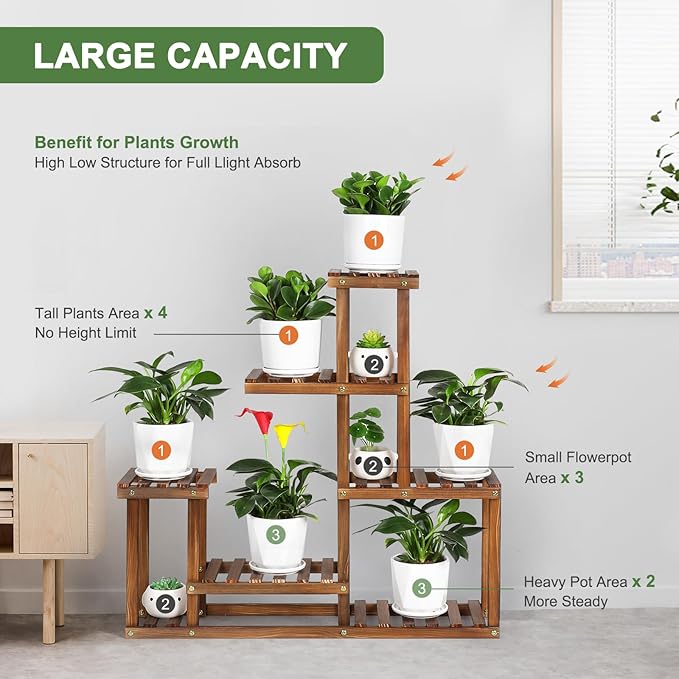Wood Plant Stand Indoor Outdoor Multi Tiered Corner Plant Shelf Holder High Low Flower Rack Stand for Indoor Multiple Plants 9 Potted Organize Shelves in Living Room Garden Balcony Patio Yard