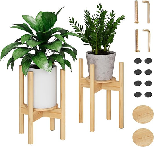 2 Pack Adjustable Plant Stand, Bamboo Plant Stand Indoor with Tray, Wood Plant Stand for 8 to 12 inches Flower Pots, Single Mid Century Modern Plant Stand for Indoor Plants, Natural