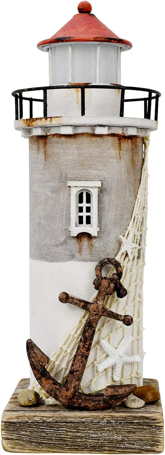 Wooden Lighthouse With Light - Rustic Nautical Ocean Sea Beach Themed Decoration, Handcrafted Tabletop Home and Bathroom Decor (11.4"H)
