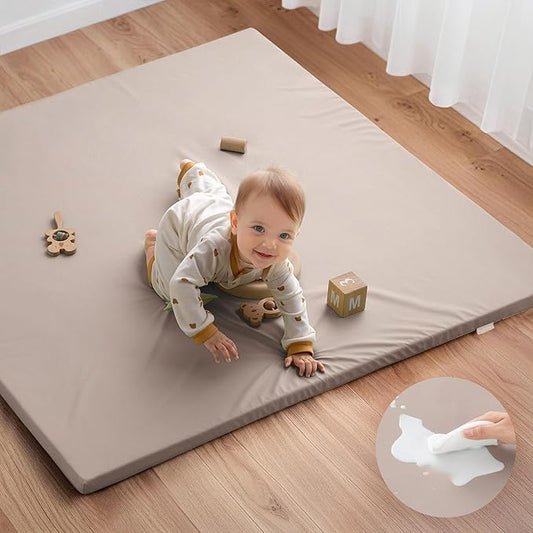Blissful Diary Vegan Leather Baby Play Mat, 47x47 Thicken Foam Cushioned & Waterproof Playpen Mat for Infants and Toddlers, Stylish and Just Wipe-Clean Playmat for Baby Play on Floor, Taupe