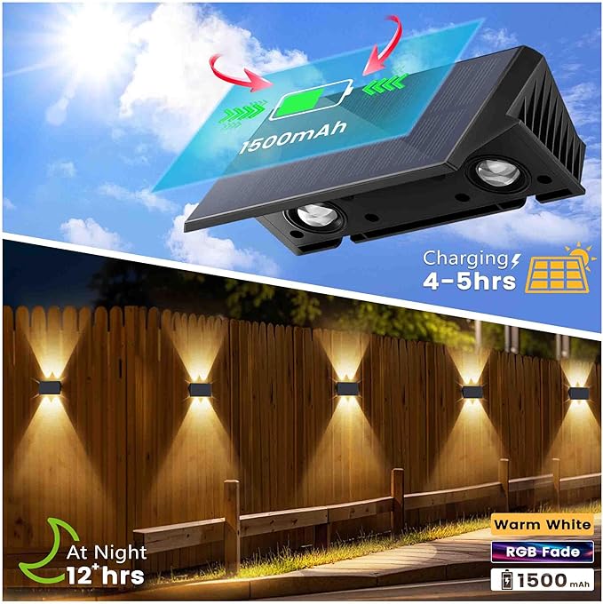 Fence Lights Solar Powered, 12-Pack Solar Fence Lights Up/Down Flexible Buttons, IP67 Waterproof for Outdoor, 120LM Bright, Auto Dusk to Dawn for Wall/Stairs/Yard/Railing/Deck/Pathway (White & RGB)