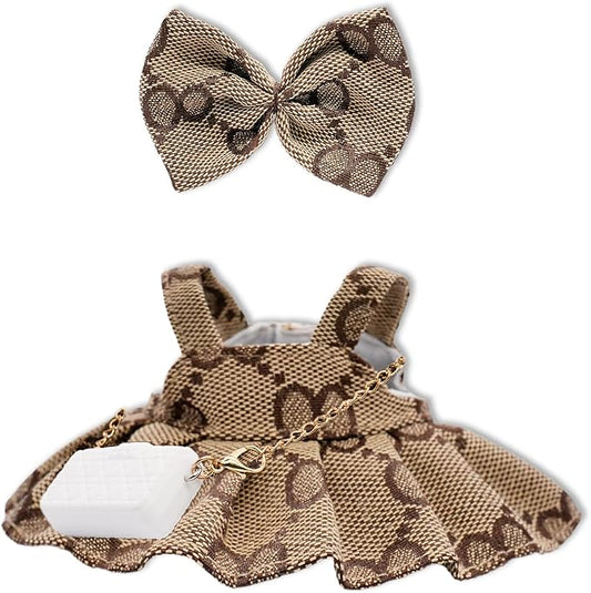 Doll Clothes Compatible with Labubu 17cm, Premium Dolls Accessories 3 Piece Set Including Chic Grid Spaghetti-Strap Dress & Bag and Bow, High-End Fashion Outfit for Play & Display - Brown