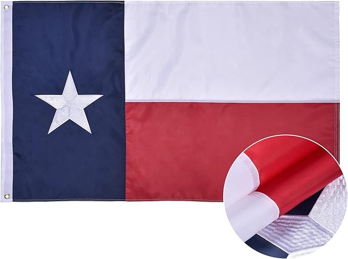 Texas State Flag 3x5 Ft, Deluxe Embroidered Heavy Duty Polyester Durable TX Outside Flags, Indoor/Outdoor, Sewn Stripes and Brass Grommets
