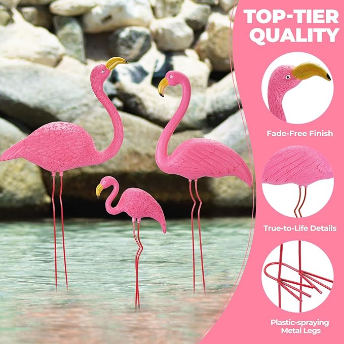 Ohuhu Family Flamingo Yard Ornaments, Set of 3 (32", 31", 19") Bright Pink Flamingos Ornaments with Metal Feet Stakes for Garden Yard Patio Party Decoration, Outdoor Decor Gardening