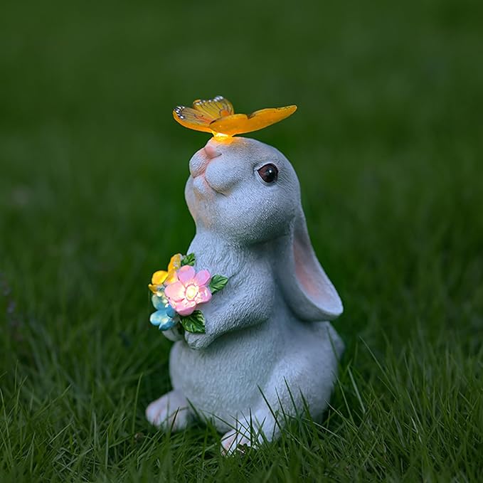 Solar Rabbit Outdoor Statues Garden Decor with Butterfly LED Lights Bunny Statue Easter Decor for Patio Balcony Yard Lawn Ornament, Birthday Mother Day Gardening Gifts for Mom Grandma Women