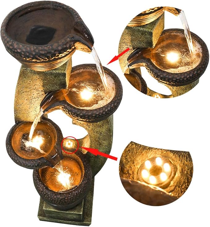 Naturefalls 40” H Modern Outdoor Fountain - 4 Crocks Outdoor Garden Fountains with Contemporary Design&LED Light for Garden, Patio, Deck, Porch, Backyard and Home Art Decor (40in, Light Gray)