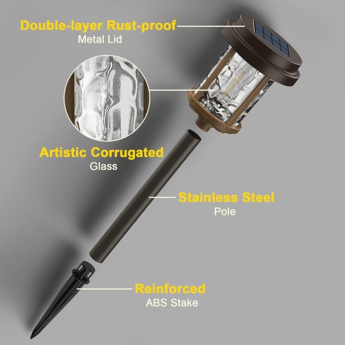 XMCOSY+ Solar Pathway Lights, Garden Solar Lights, 20 LM LED Glass Water Lens, IP65 Waterproof Solar Powered Light for Outside Driveway Walkway Landscape Backyard Sidewalk (‎Black & Brown)